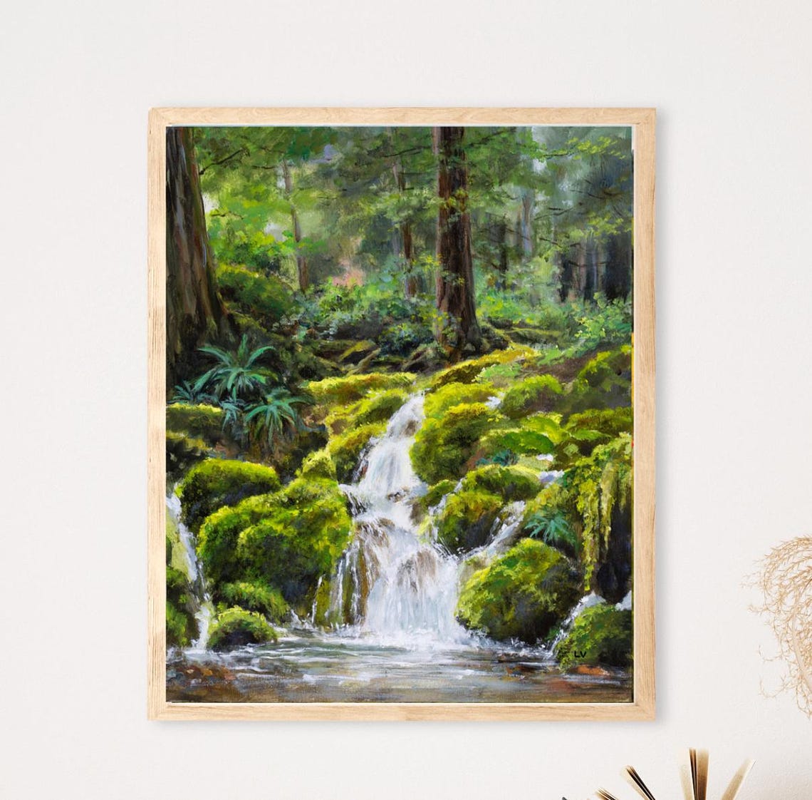 Waterfall Cascading Over Mossy Green Rocks in a Lush Forest Poster