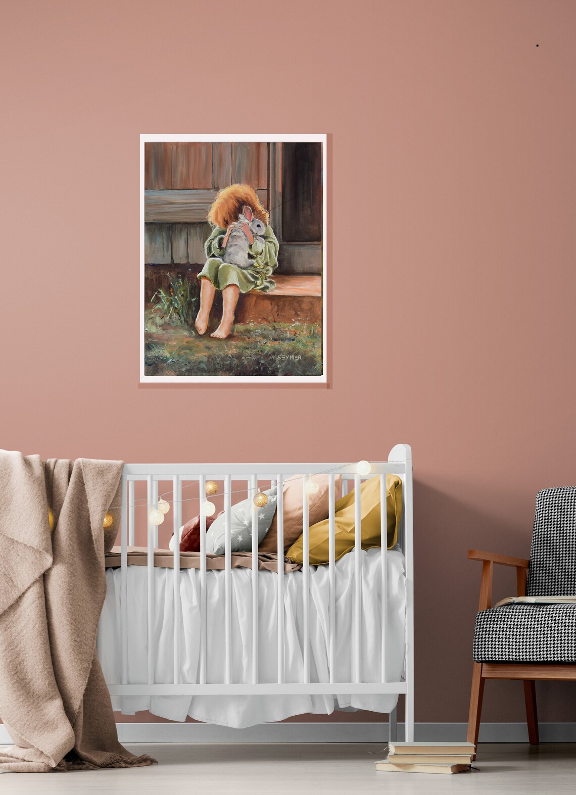 Little Girl Holding Rabbit Farmhouse Oil Painting Childhood Art Poster - Image 2