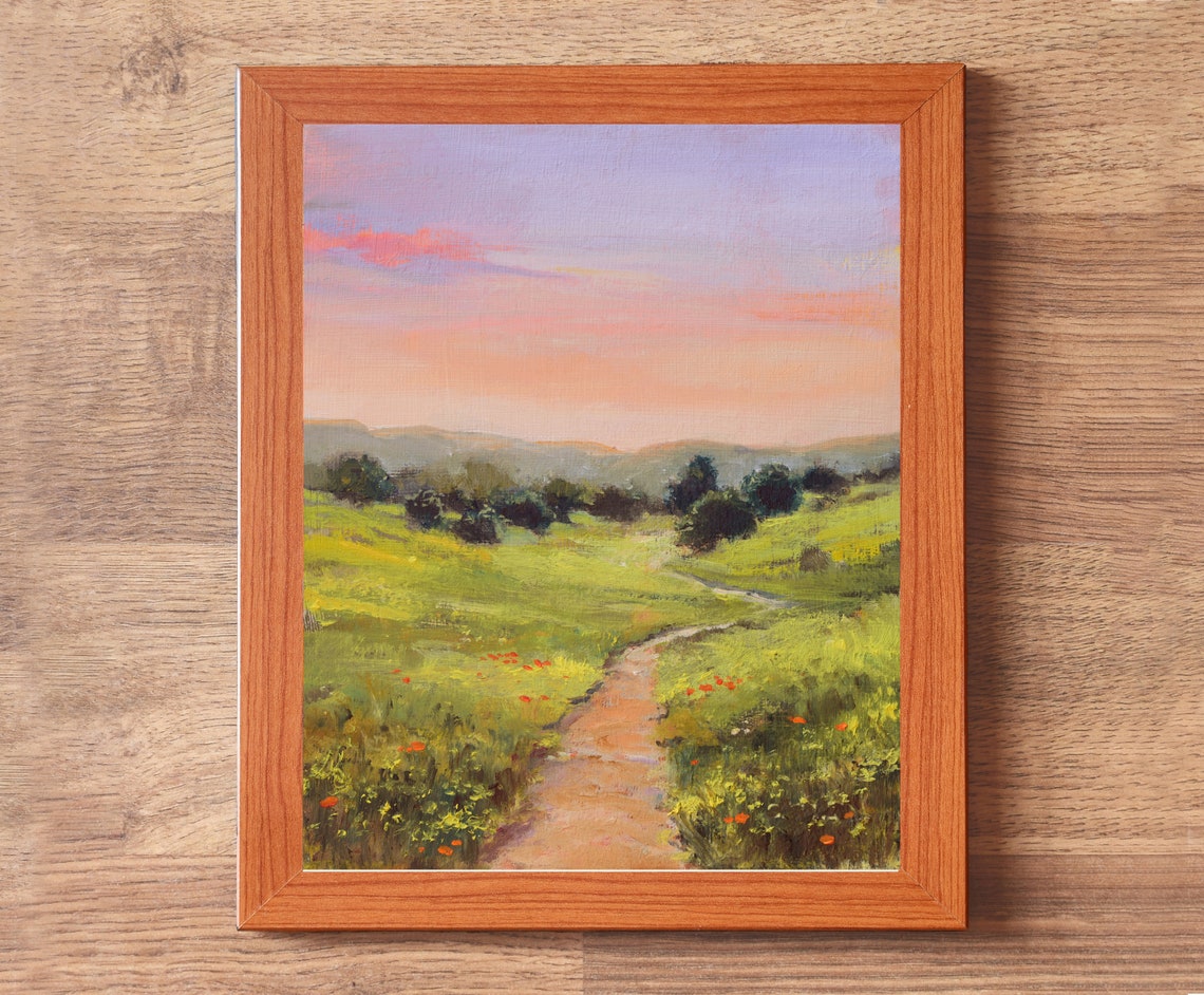 Country Path Painting Meadow Landscape Artwork Sunrise Oil Painting Pink Sky Art Small Artwork For Country Living Room Brown Framed Art - Image 6