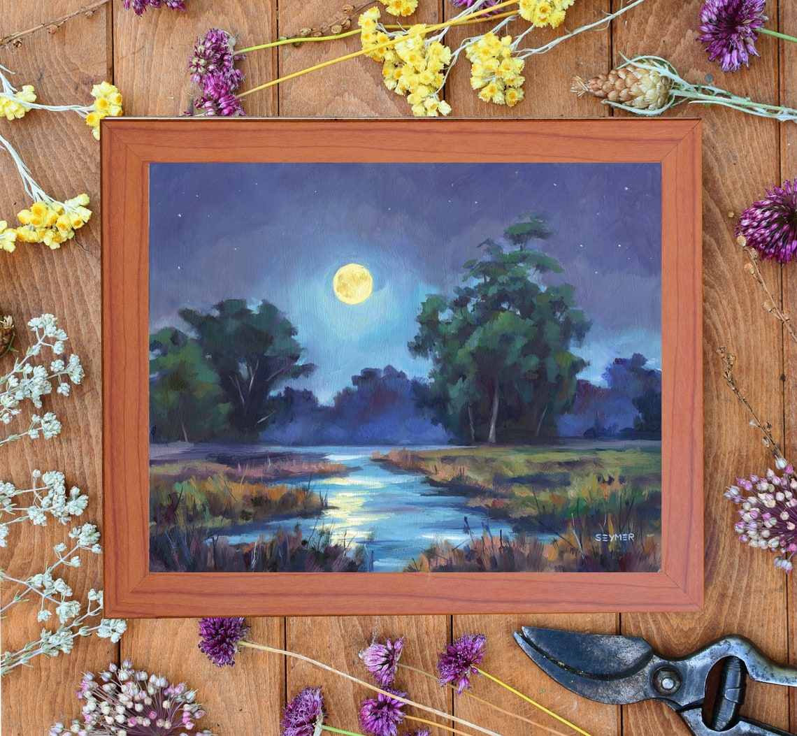 Night River Painting Original Nocturne Landscape River Marshland Moonlight Artwork Starry Sky Wall Art Moody Countryside Wall Decor - Image 2