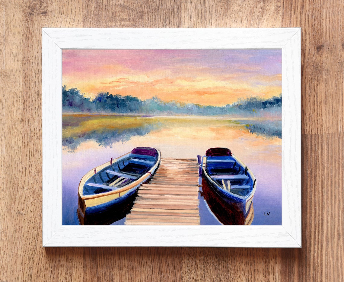 Boat Original Art Framed Nautical Oil Painting Sunset Lake Landscape Wall Art Lake House And Cabin Decor Pier Relaxing Life Fishing Boat - Image 2