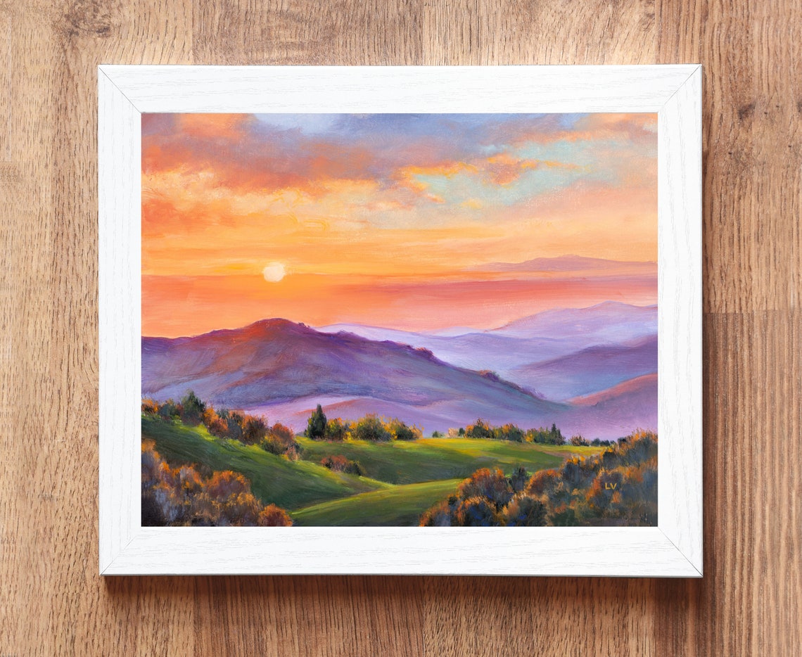 Colorful Landscape Original Painting Green Grassy Hills Sunshine Art Vibrant Mountains Lush Trees Large Wall Art Framed Country Home Gift - Image 2