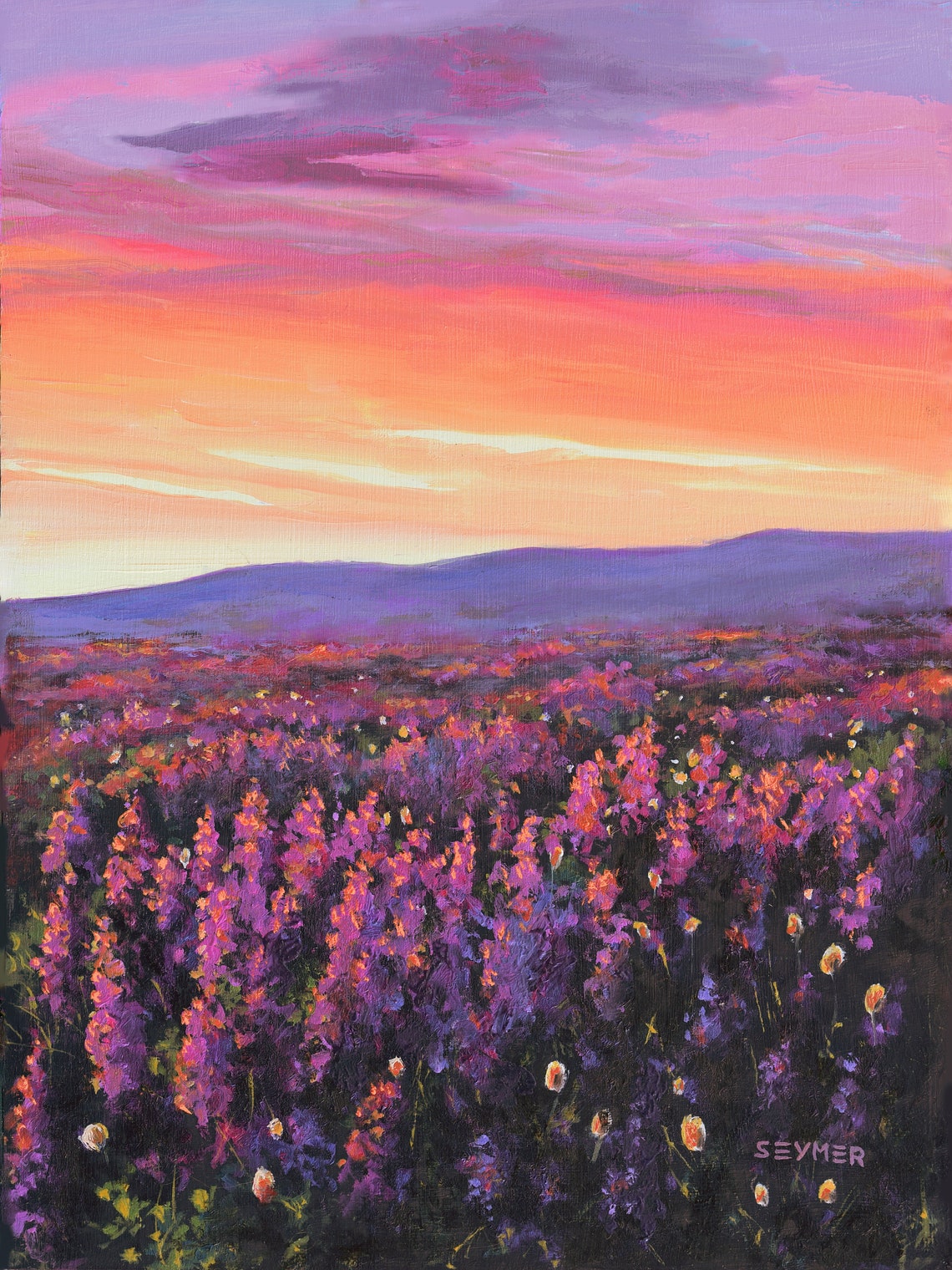 Vast Lavender Field Glowing Under a Purple Sunset Sky Poster