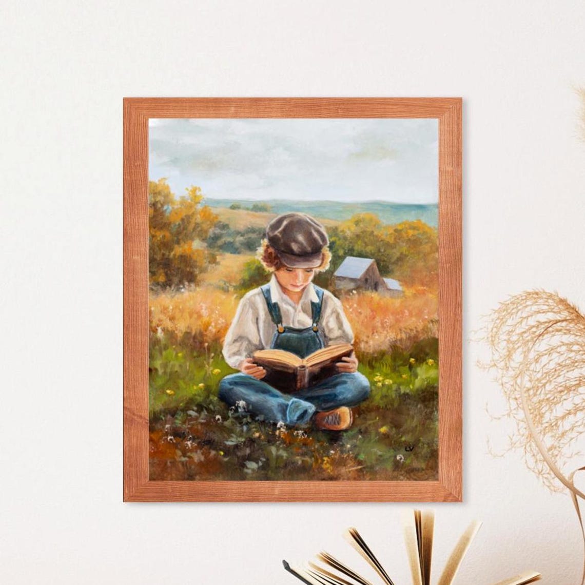 Boy Reading a Book in an Autumn Meadow with Farmhouse View Poster