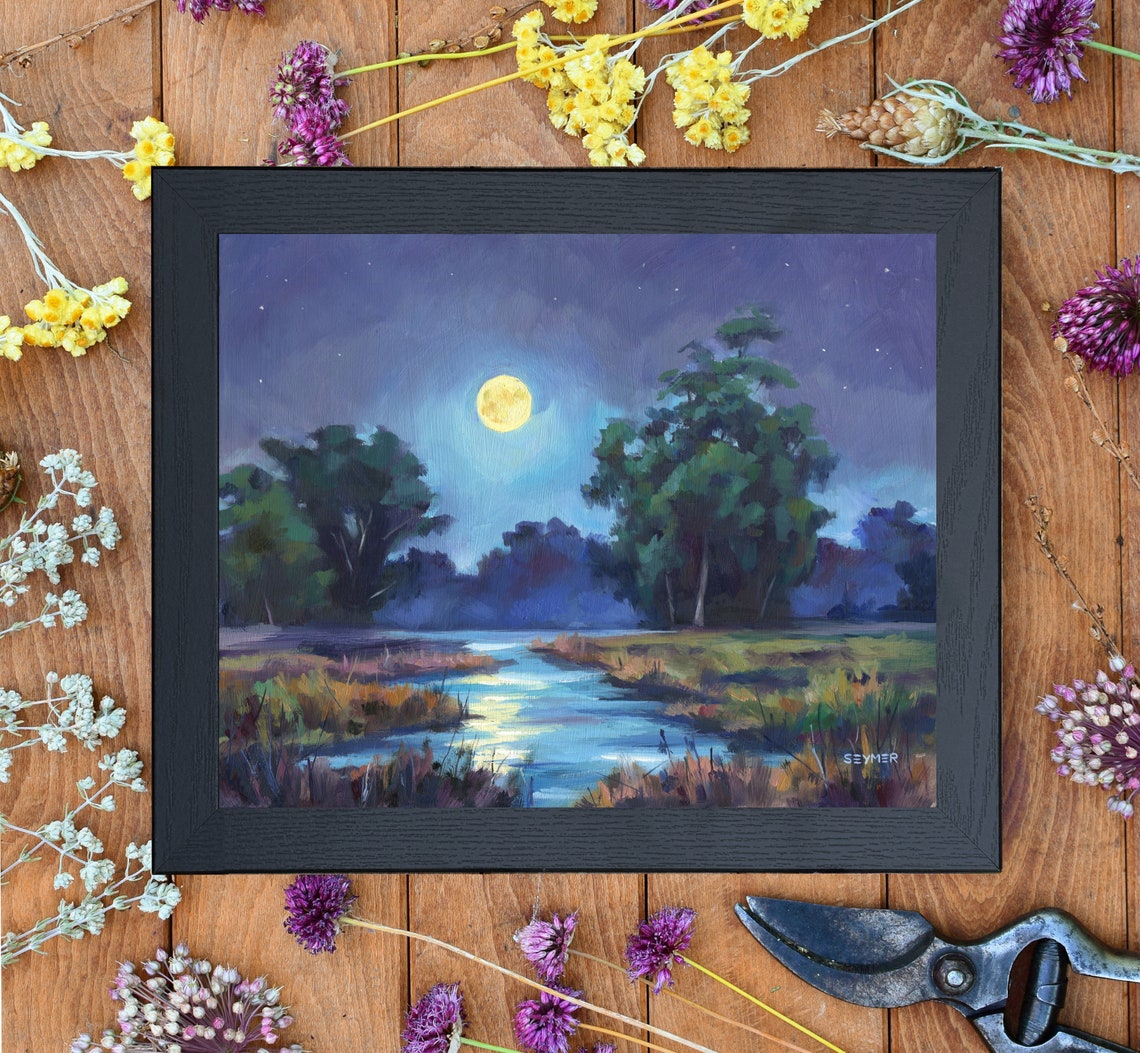 Night River Painting Original Nocturne Landscape River Marshland Moonlight Artwork Starry Sky Wall Art Moody Countryside Wall Decor