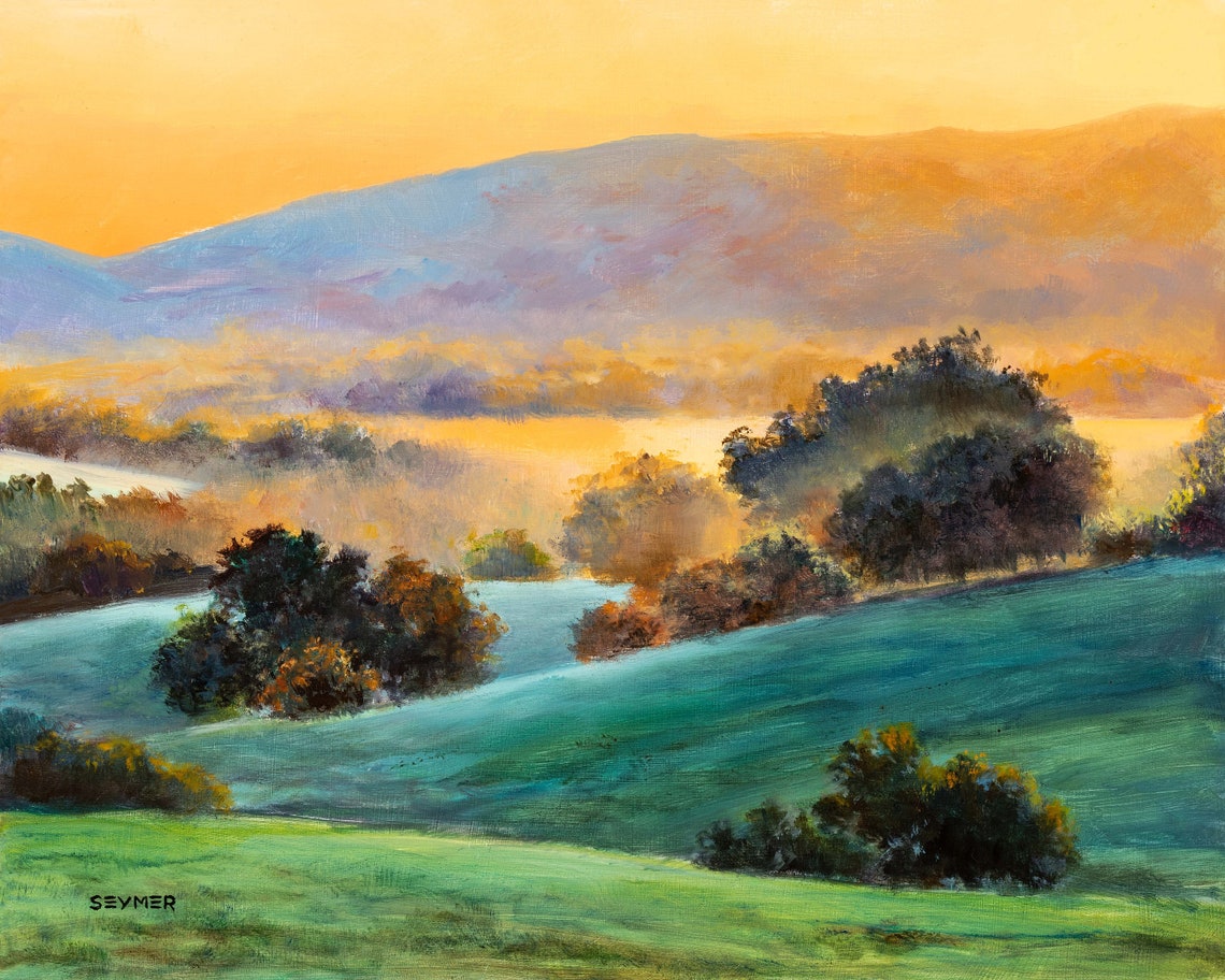 Green Field Landscape Original Oil Painting Foggy Sunrise English Countryside Dawn Atmosphere Prairie Misty Sunrise Golden Light Morning