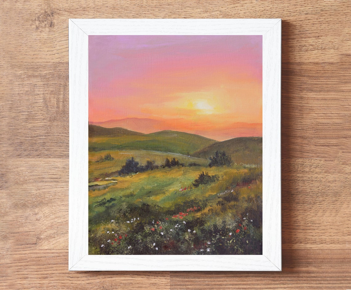 Country Landscape Original Painting Sunrise Landscape Artwork Mountain Valley Oil Painting Fields At Sunset Impressionist Landscape Art - Image 5