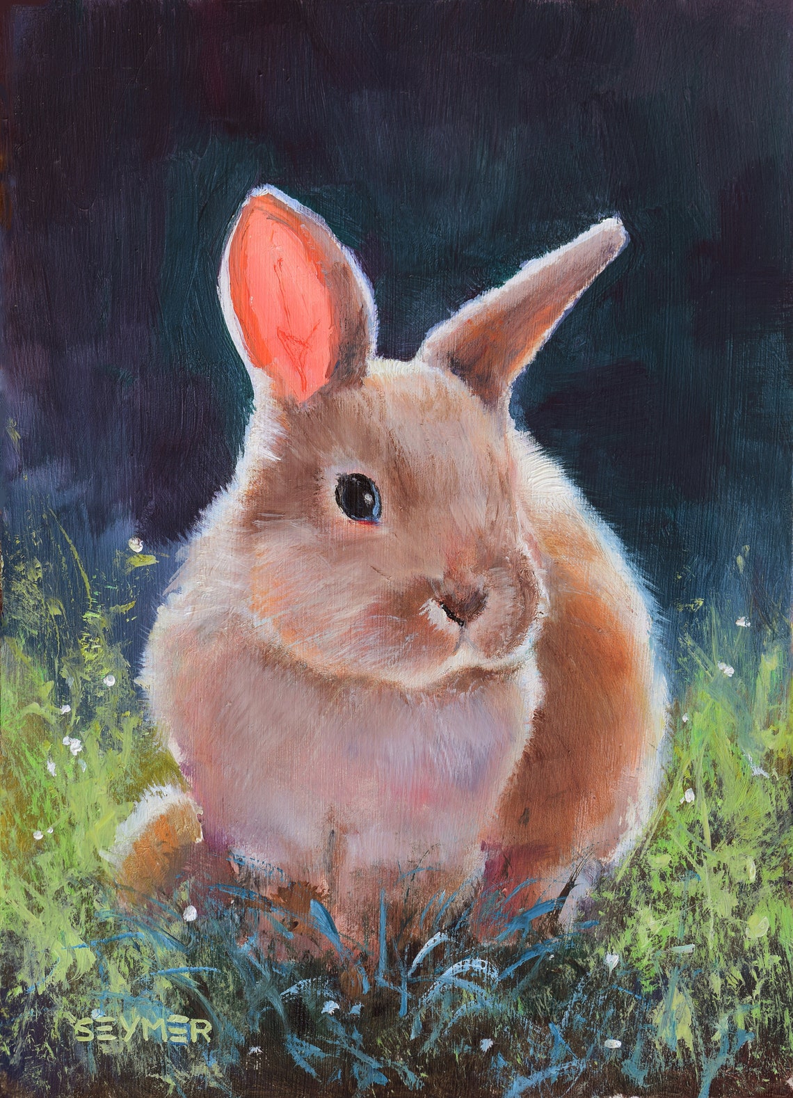 Fluffy Brown Bunny Sitting in the Grass Under Night Sky Poster