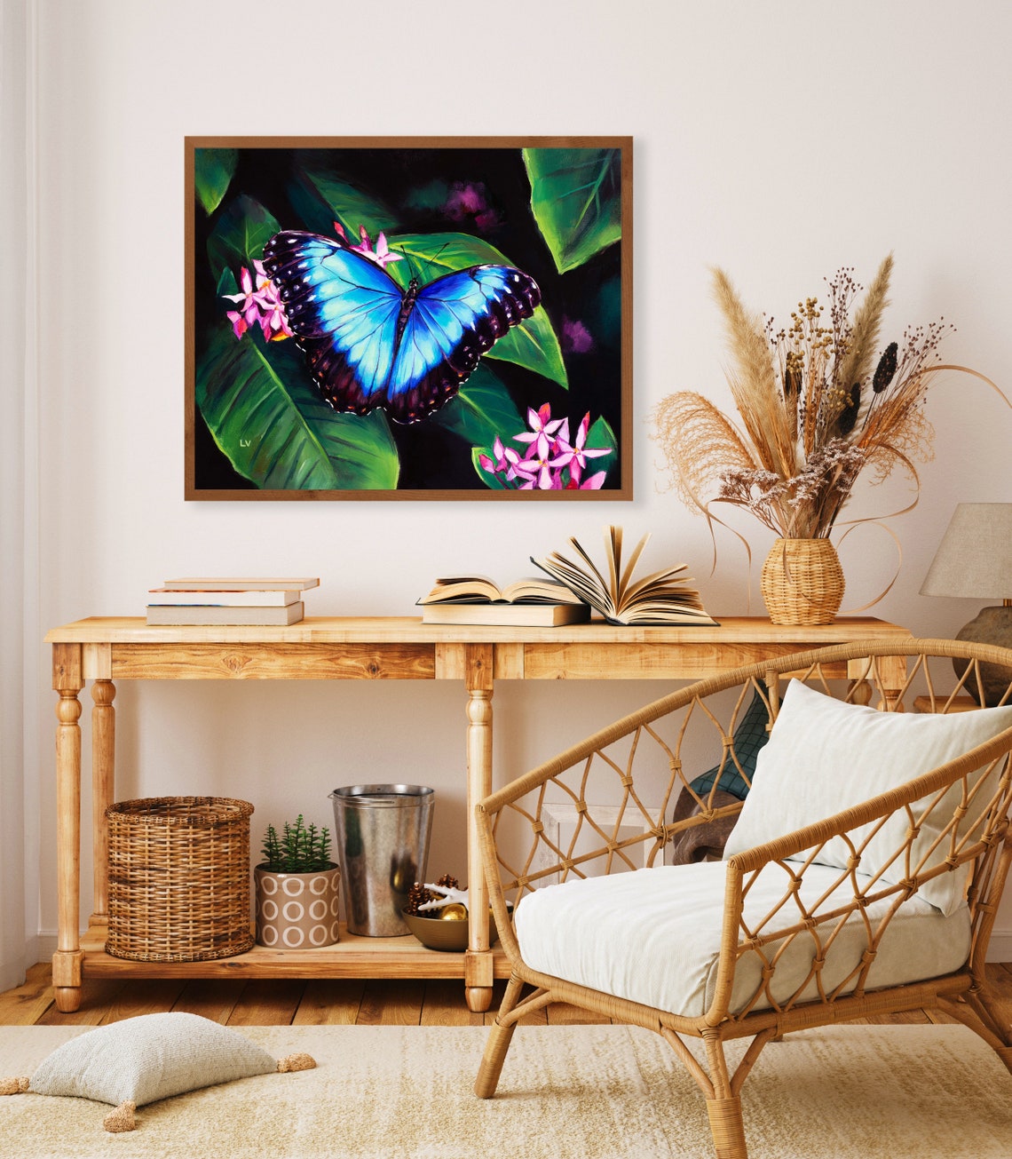 Blue Morpho Butterfly Pink Flowers Tropical Night Oil Painting Poster - Image 3