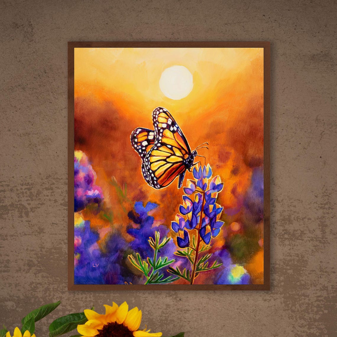 Monarch Butterfly on Bluebonnet Flowers Sunset Oil Painting Poster