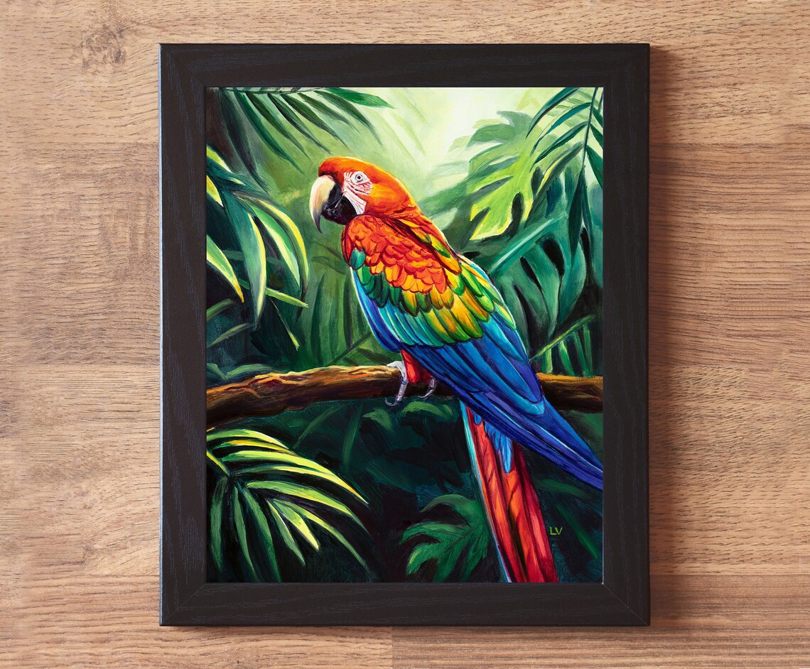 Red Parrot Oil Painting Art Print, Tropical Bird Portrait - Image 5