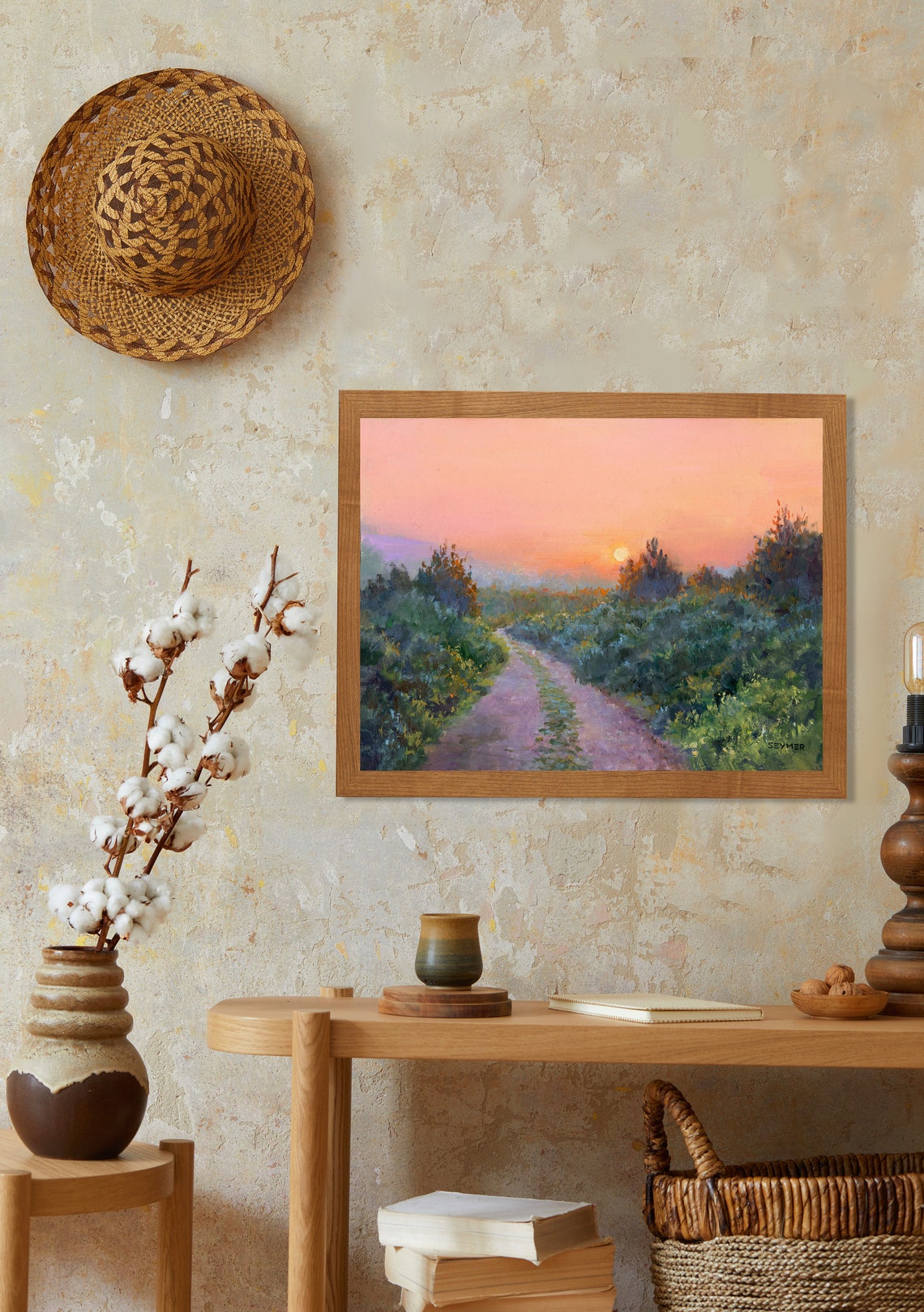 Country Lane Winding toward a Peach-Colored Sunset Sky Poster - Image 3