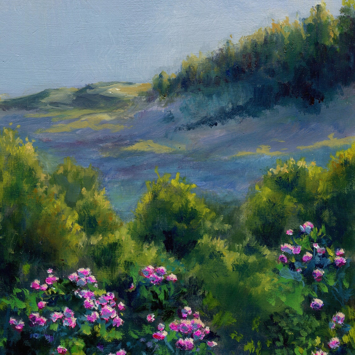 Mountain Valley with Pink Wildflowers under Misty Blue Peaks Poster - Image 4
