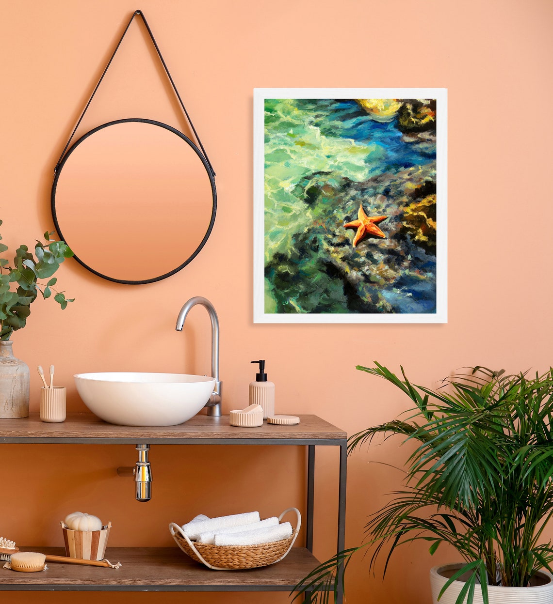 Starfish Fine Art Print Colorful Beach Oil Painting Hamptons Wall Art Coastal Bathroom Painting Print Waves And Rocks Sealife Wall Decor - Image 4