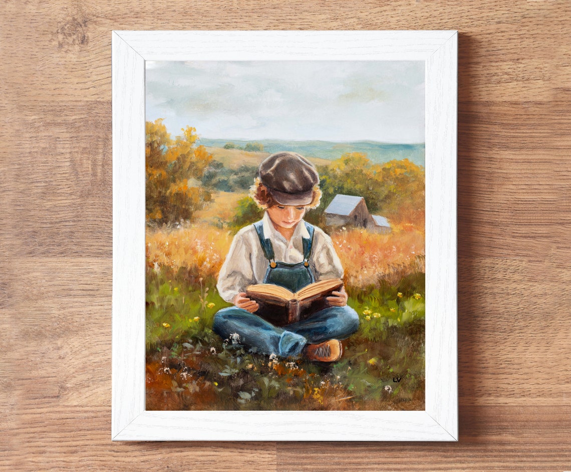 Farm Boy Reading A Book In A Sunny Meadow Near An Old Barn Poster - Image 3