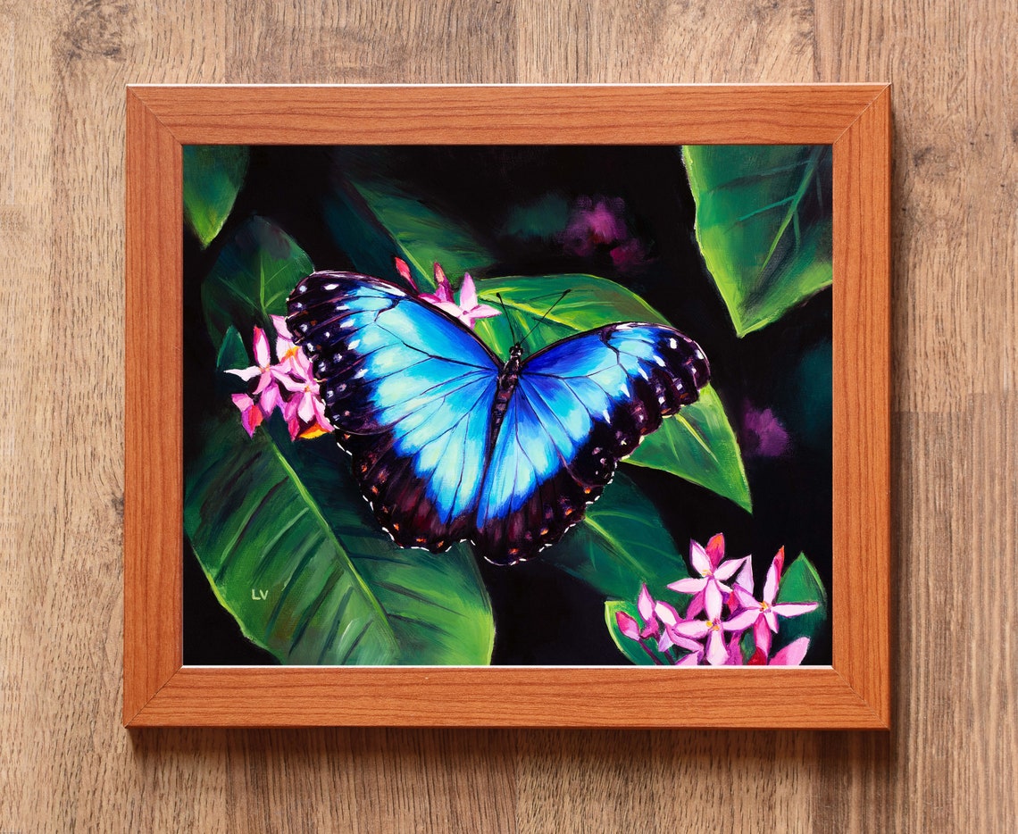 Butterfly And Flowers Original Oil Painting Large Blue Butterfly Wall Art Above The Bed Decor Garden Floral Artwork Girl Bedroom Painting - Image 4