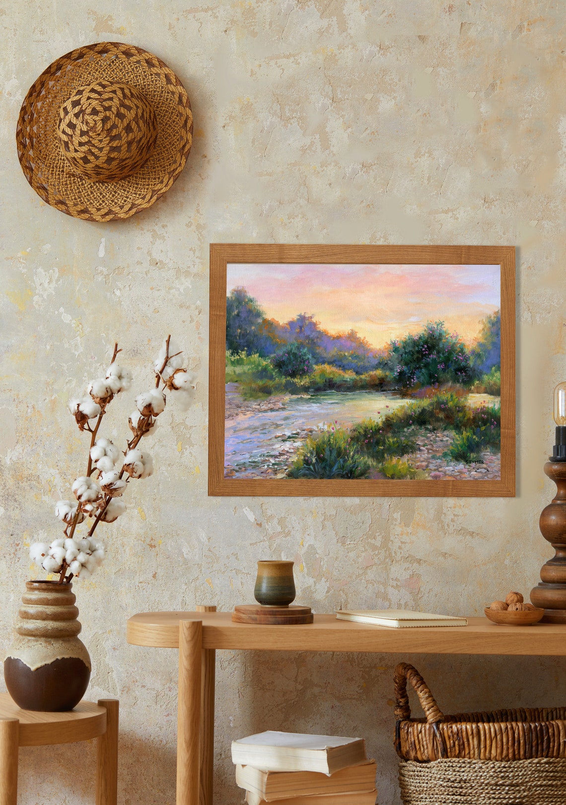 River Sunset Wildflower Landscape Oil Painting With Pink Sky Poster - Image 3