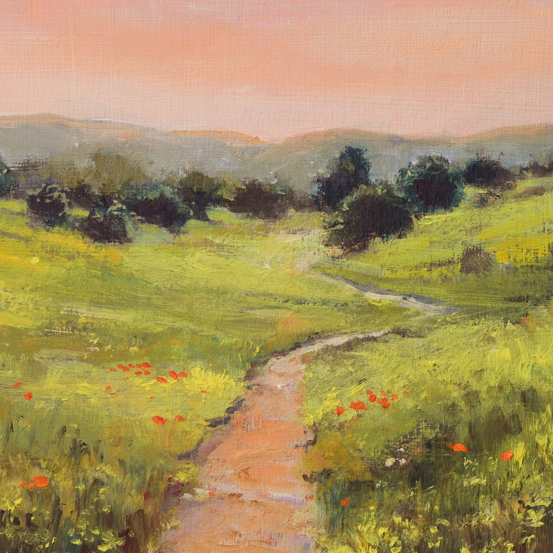 Flower-Dotted Meadow Path under a Soft Pink Sunset Sky Poster - Image 2