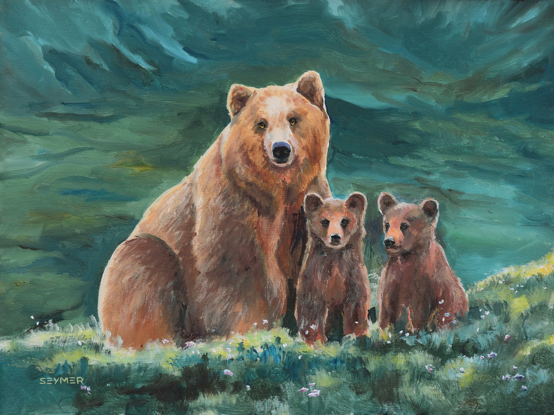 Mama Brown Bear Watching Over Two Cubs in a Green Meadow Poster