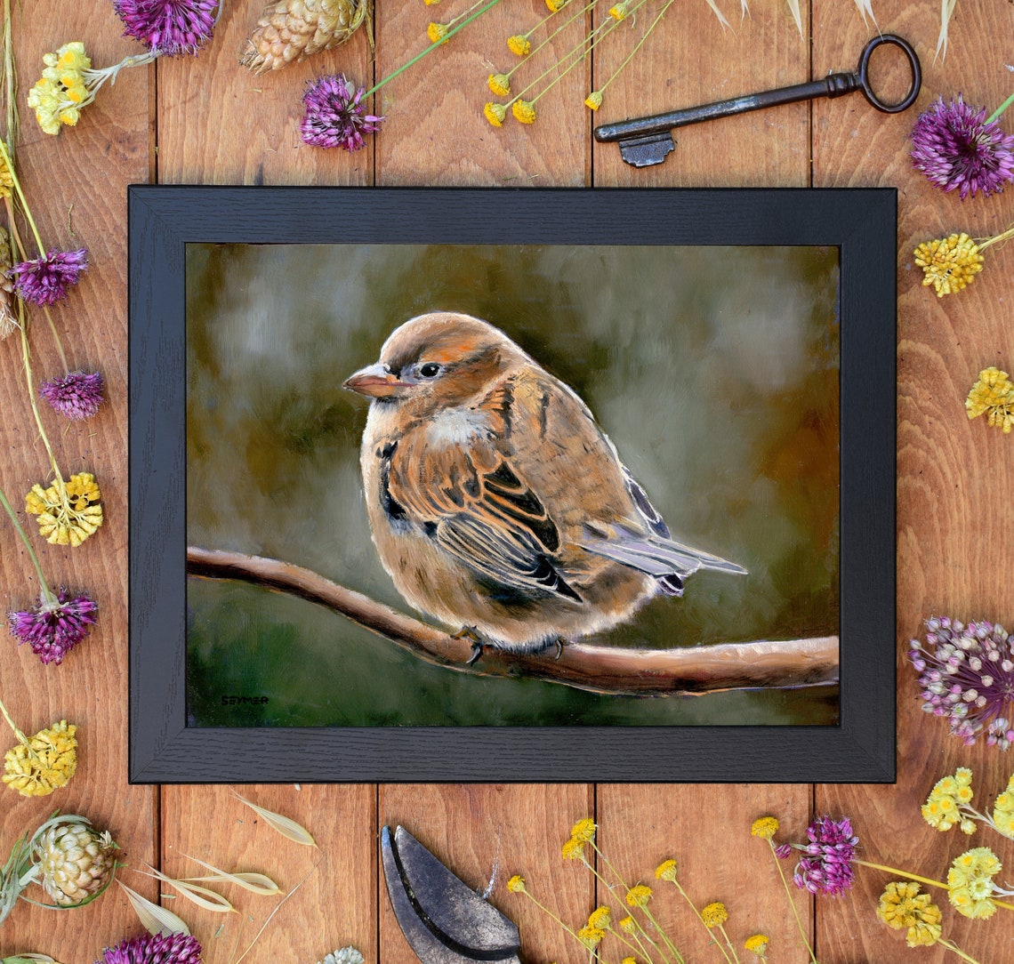 Cute Little Sparrow Perched on a Bare Branch Oil Painting Poster - Image 3