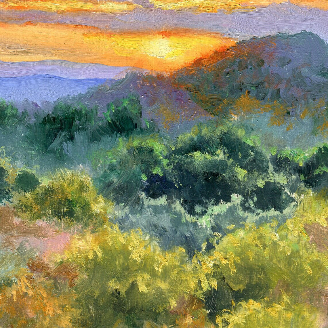 Landscape Meadow Sunset Oil Painting Art Print - Image 6