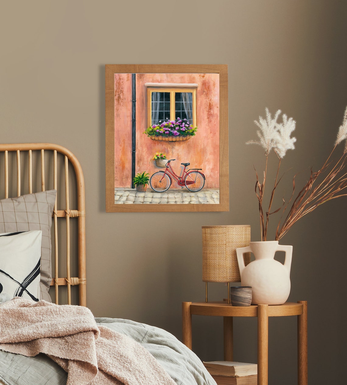 Red Vintage Bicycle with a Flower Basket by a Terracotta Wall Poster - Image 6