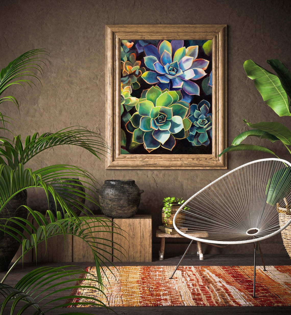 Blue and Green Succulent Cluster Oil Painting Botanical Print - Image 4