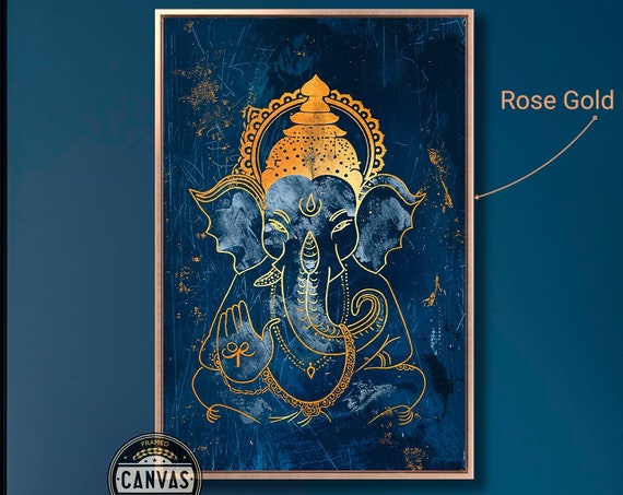 Lord Ganesha Framed Print Indian Mythology Wall Art Gold Blue Painting Print Hindu Deity Poster Spiritual Decor Ready To Hang
