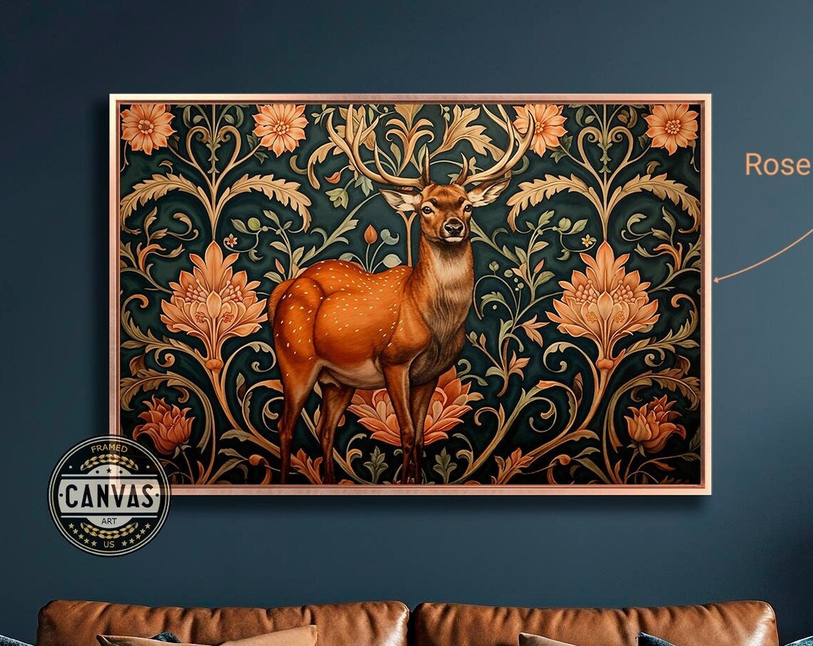 Elegant Deer Antlers Art Print, Floral Background