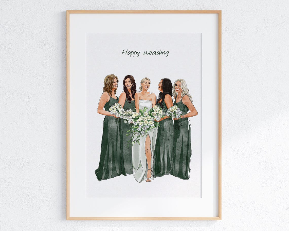 Wedding Party Group Portrait With Dog and Cat Watercolor Art Poster - Image 6