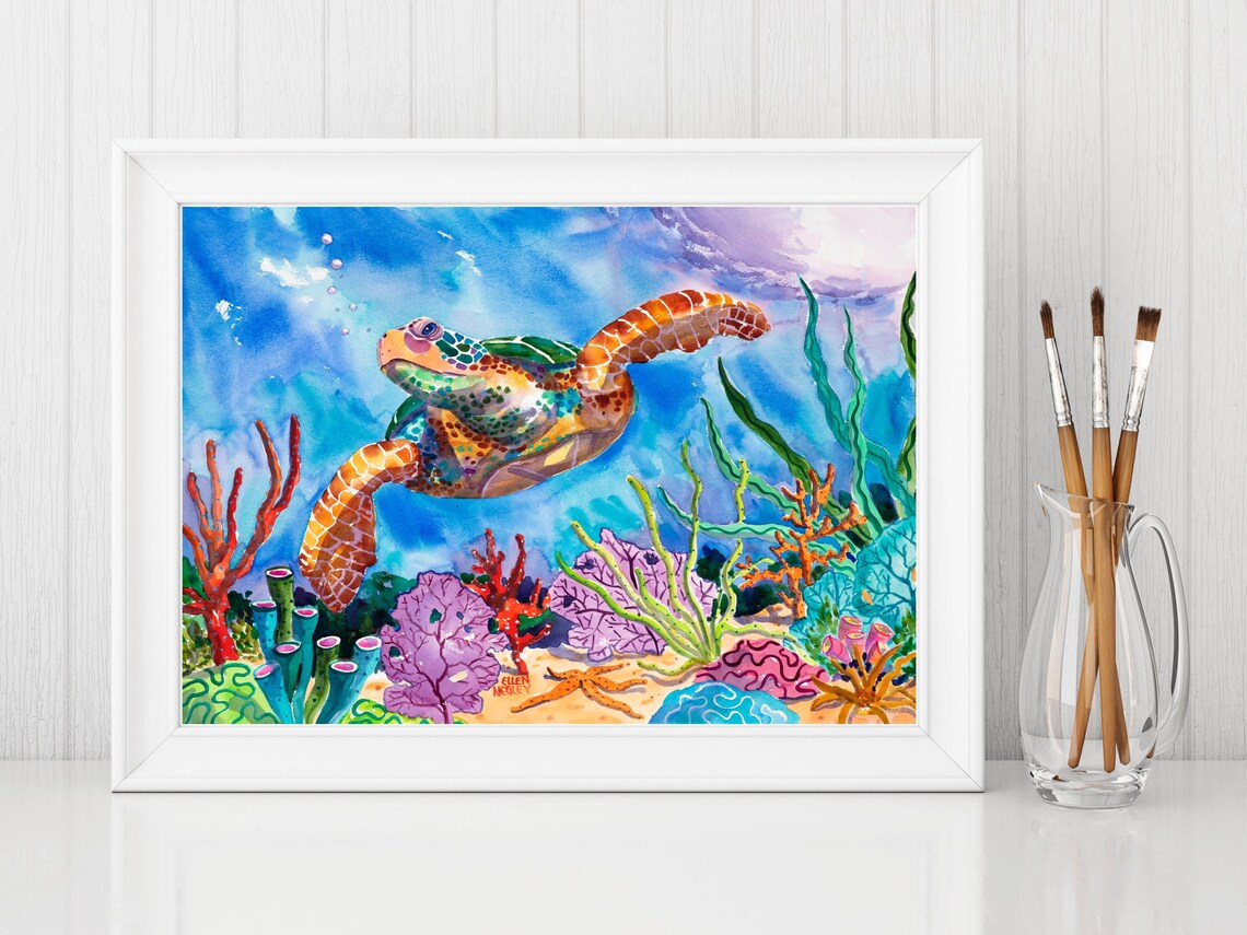 Sea Turtle Watercolor Art Print, Florida Travel Art