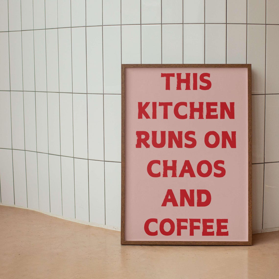 This Kitchen Runs on Chaos and Coffee Bold Black White Kitchen Poster - Image 2