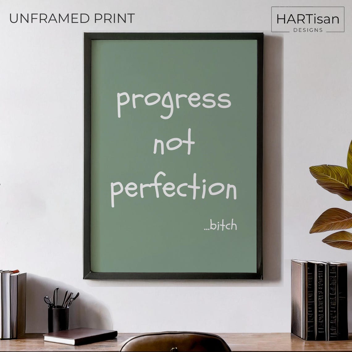 Progress Not Perfection Funny Handwritten Quote Green Poster