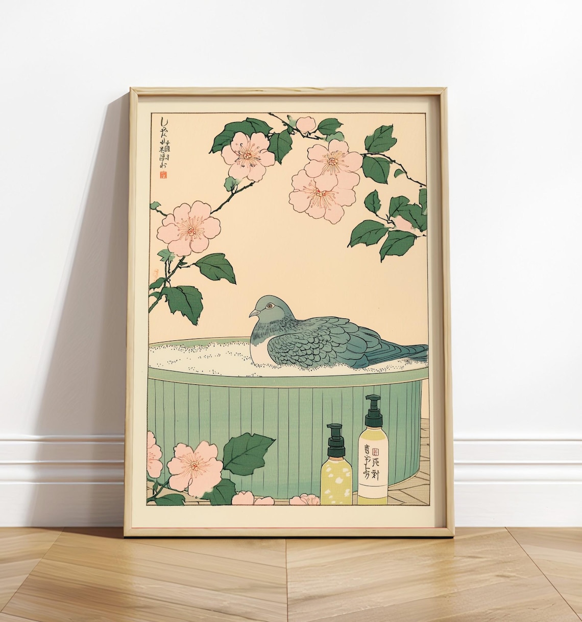 Pigeon In Bathtub Art Print, Japanese Bird