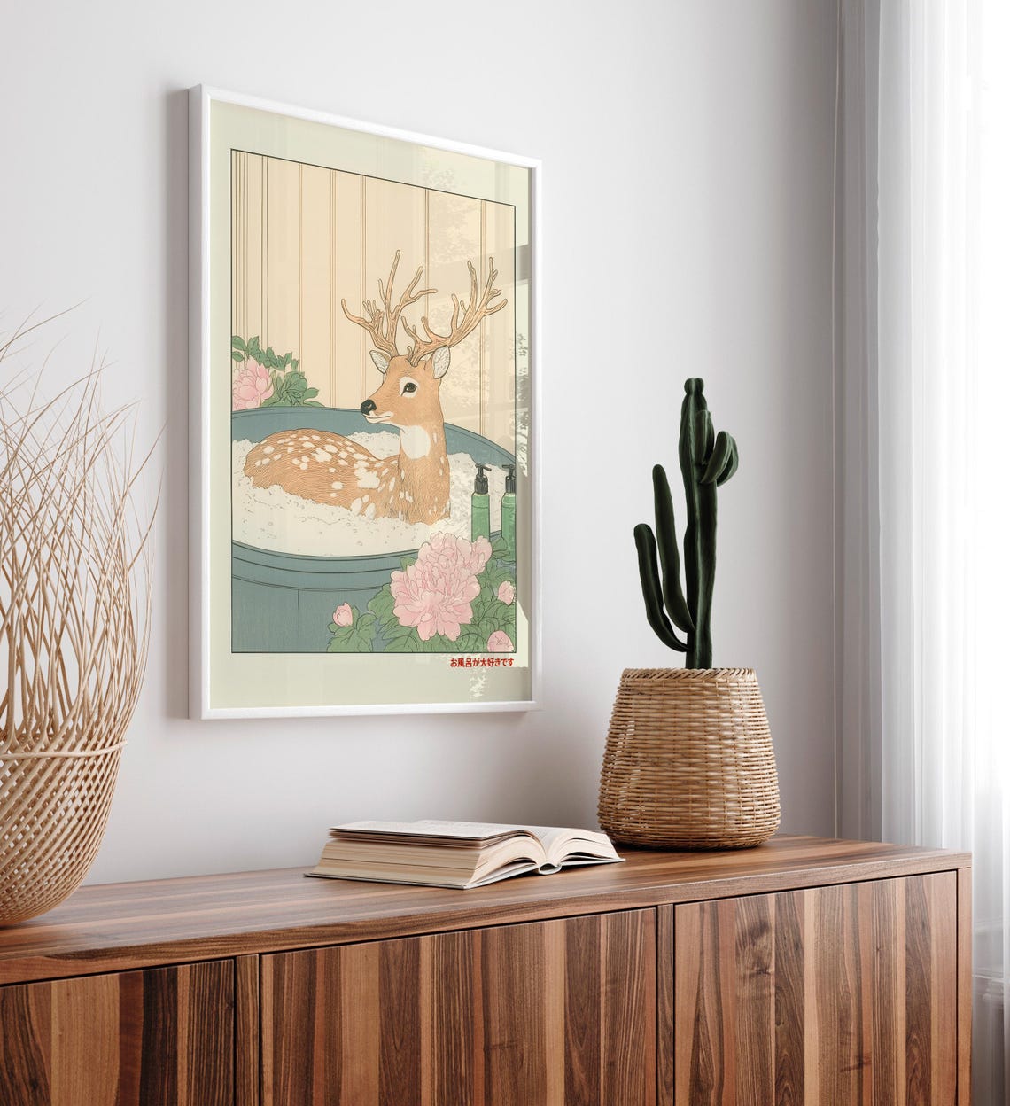 Japanese Style Spotted Deer Stag Bathing in Tub with Peonies Poster - Image 4