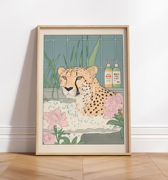 Cheetah In Bathtub Poster Japanese Bathroom Wall Art Japan Art Print Aesthetic Wall Art Neutral Minimalist Decor