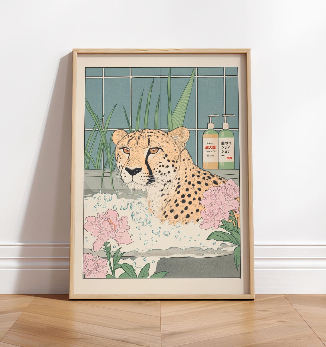 Japanese Style Cheetah Bathing in Bubble Bath with Peonies Art Poster