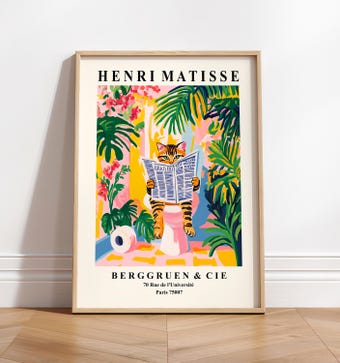 Tabby Cat On A Toilet Funny Bathroom Wall Art Matisse Print Pink Dopamine Decor Mid Century Modern Art
