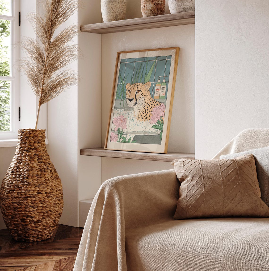 Japanese Style Cheetah Bathing in Bubble Bath with Peonies Art Poster - Image 6