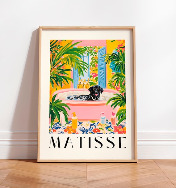 Black Labrador in Bathtub Matisse-Inspired Bathroom Art Print