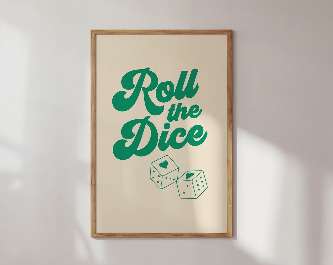 Roll The Dice Green Retro Script Casino Heart Lucky Game Poster