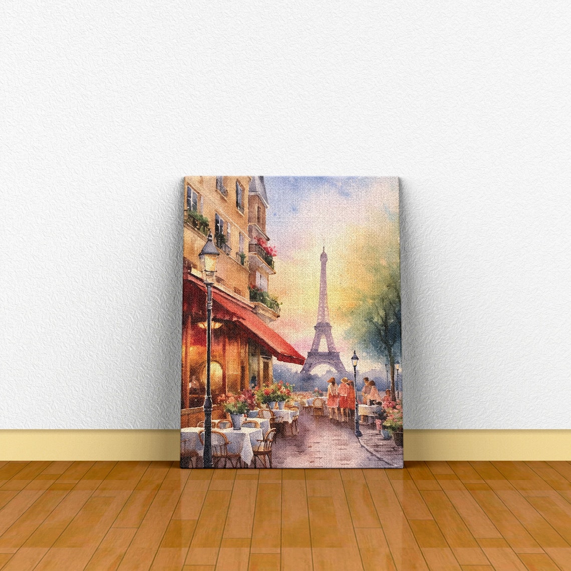 Paris Street Cafe Watercolor Scene With Eiffel Tower View Poster