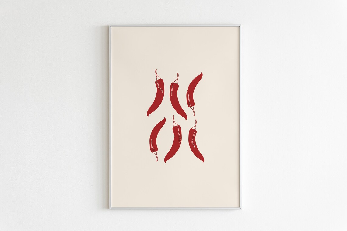 Red Chili Peppers Scatter Fiery Minimalist Spicy Kitchen Wall Art