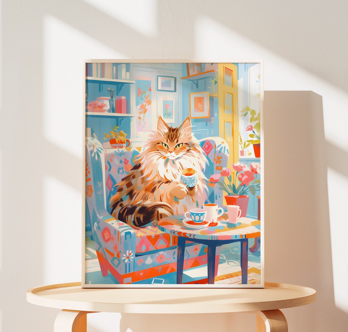 Fluffy Maine Coon Cat Drinking Tea in a Cozy Room Art Poster