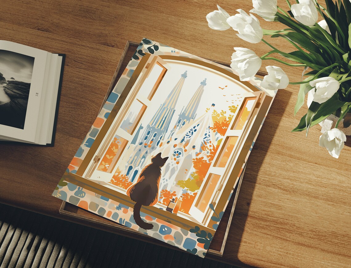 Cute Cat Sagrada Famlia Art Print, Barcelona - Image 3