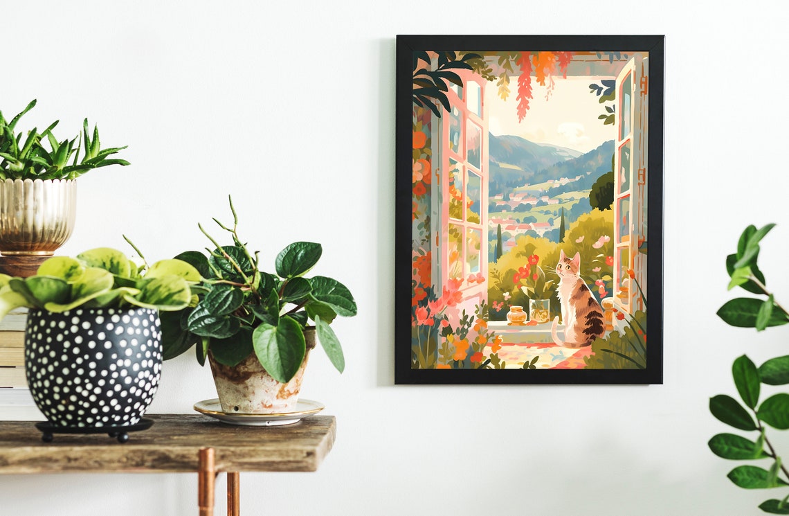 Cat Wall Art Switzerland Alps Painting, Art Print - Image 2