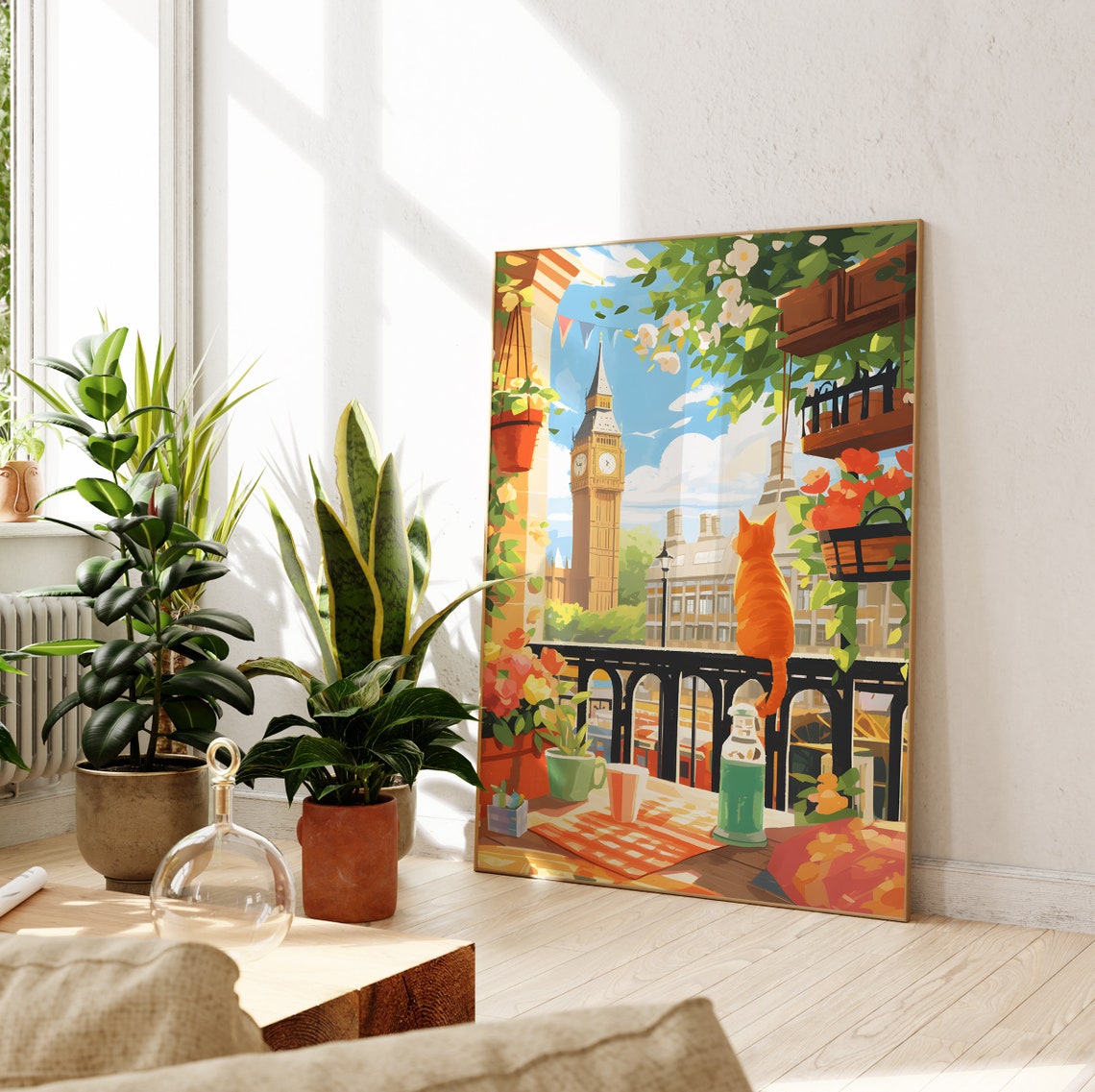 Orange Cat on a London Balcony with Big Ben View Scenic Poster - Image 2