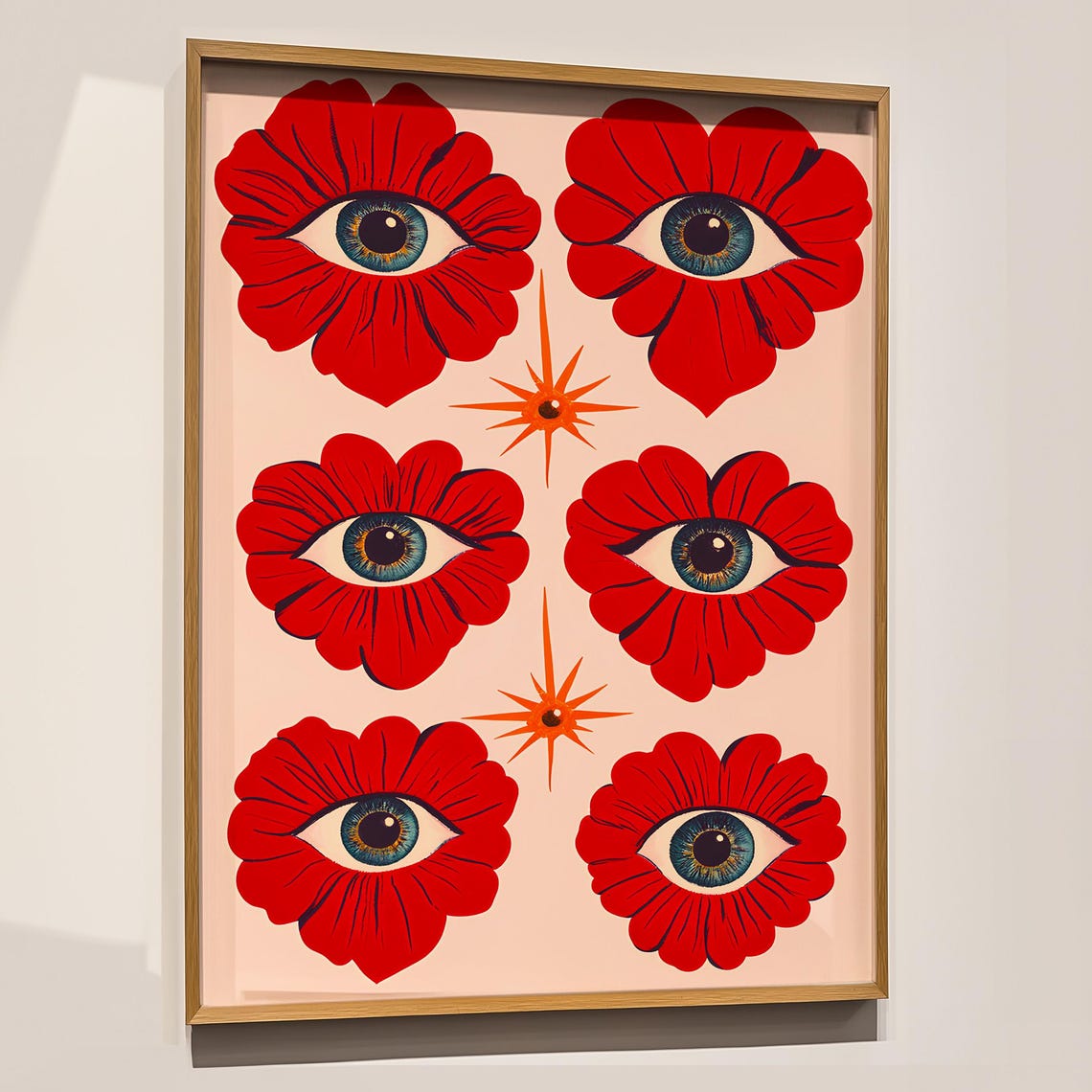 Six Red Eye Flowers Blush Pink Surreal Pop Botanical Art Poster