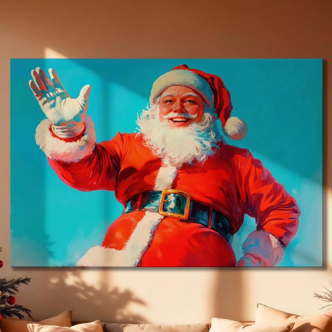 Cheerful Santa Claus Waving Festive Red Suit Christmas Canvas Poster