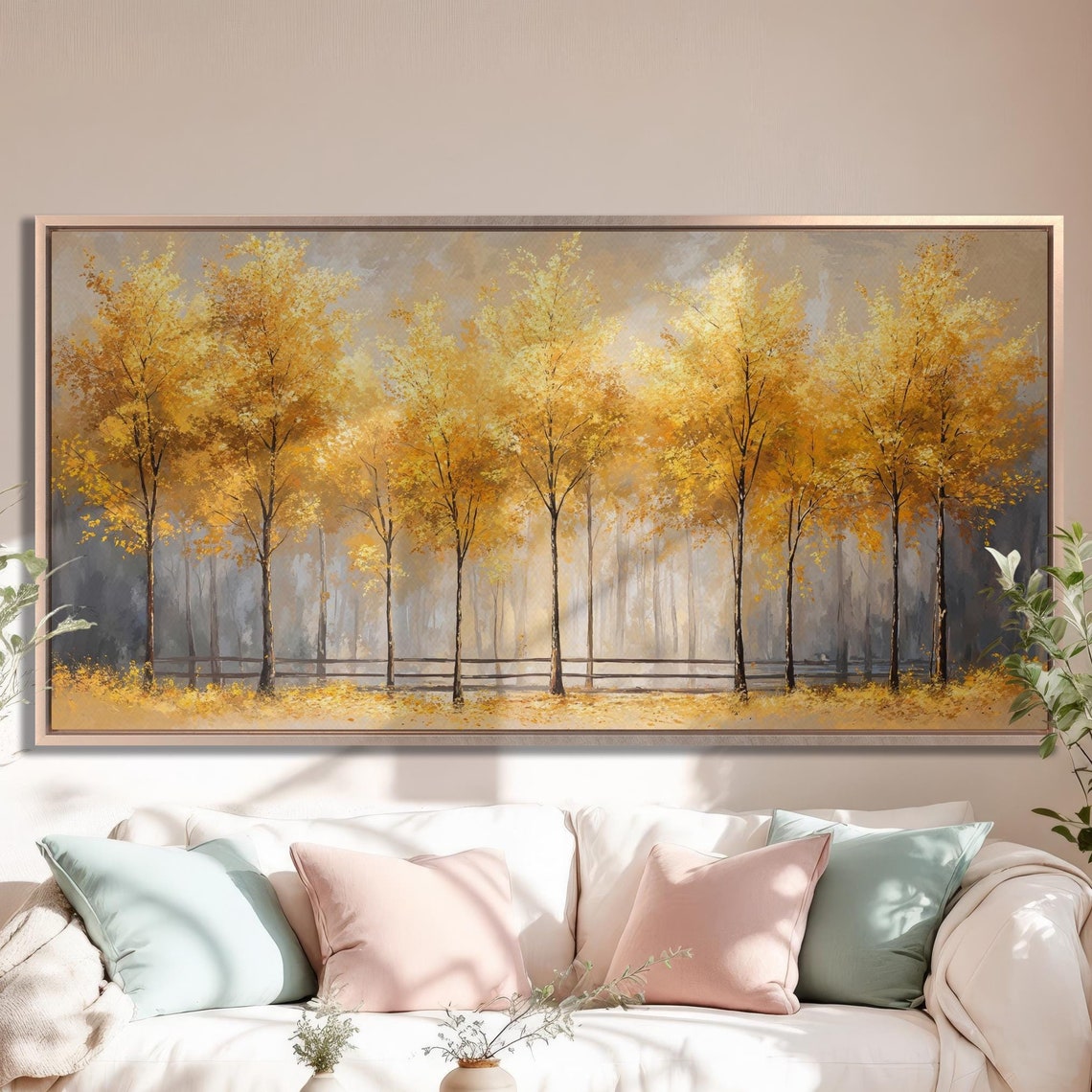 Golden Autumn Trees Row in Misty Gray Forest Elegant Art Poster